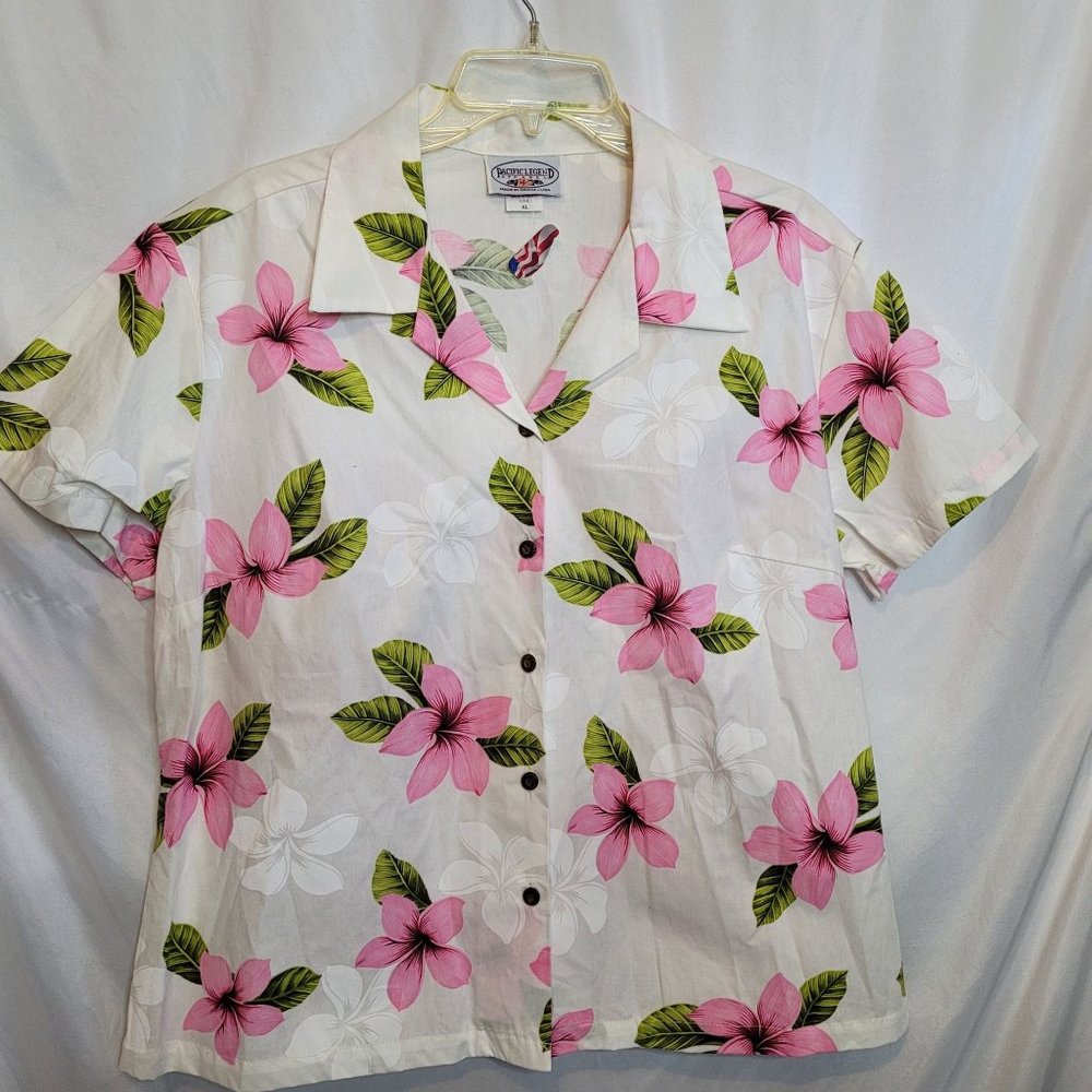 Vintage Pacific Legend Hawaiian Shirt White Pink Floral Pattern Women XL